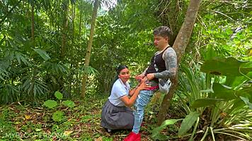 mexican petite student in uniform blows stranger outdoors for public orgasm