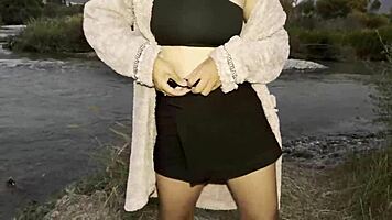 Watch her flash wet pussy and piss publicly from car in nature pov adventure