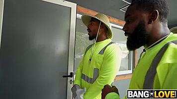 sunbathing babe seduces gardeners for outdoor threesome facial cumshot