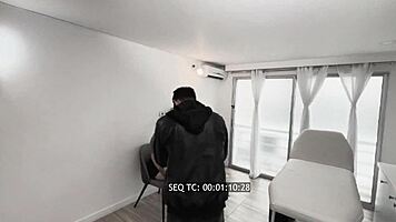 Voyeur backstage with Zamantha Lopez sucking Ray DiMarco's cock before intense hospital fuck