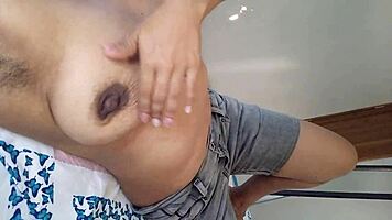 latina babe teases huge tits and soaks jeans with nipple massage excitement