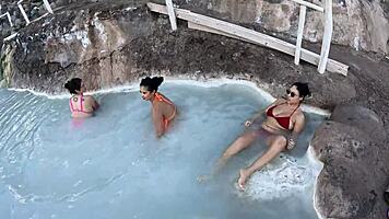 Latina licks sexy pussy in lingerie during mountain car bath fun