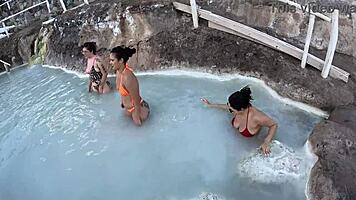 Latina licks sexy pussy in lingerie during mountain car bath fun