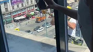 Hey check out our crazy public threesome with sloppy backstage blowjob