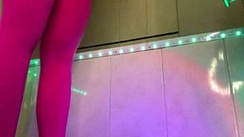 Hey, watch this horny bbw squirt hard fingering wet pussy through pink leggings up close!