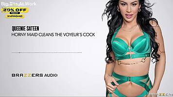 Horny maid queenie sateen worships voyeur's throbbing cock intimately