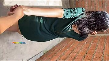 sexy latina neighbor in short dress gets terrace loving from lover