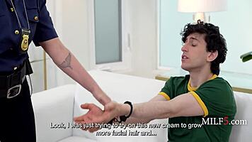 Curvy MILF spots young guy stroking and tempts him with her big tits