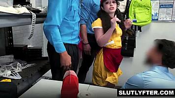 shoplifter pixie gets four huge cocks ravaging her tiny holes!