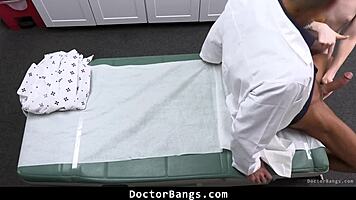 shy young nurse awaits doctor's intense hospital examination