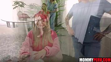 blonde milf joins chubby nervous duo for taboo group blowjob