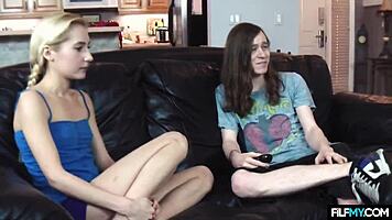 Curious young blonde teen eyes throbbing cock closely