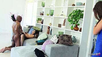 Teen catches mature in BBC cheating romp and joins steamy FFM threesome