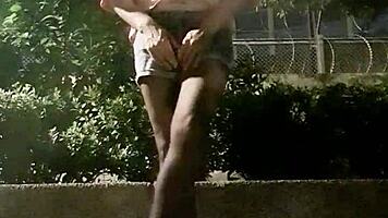 Taiwanese Shemale Strokes Stockings Legs Outdoor Cumshot