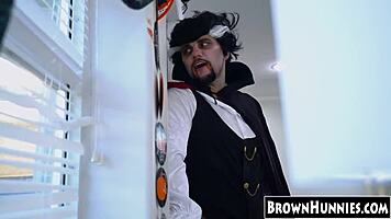 Chocolate Ebony Teen Beauty's Pussy Gets Halloween Treat In Stockings