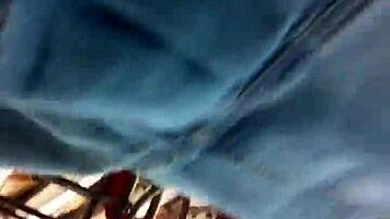 hey, check this jean overalls upskirt while shopping outdoors