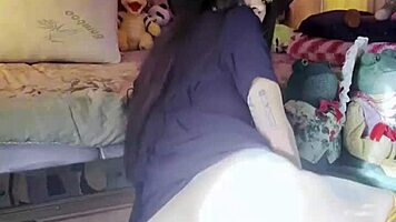 Petite exotic brunette with long hair does afternoon STRIP TEASE ripping clothes in stockings teasing small tits ass