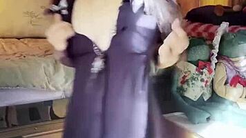 Petite exotic brunette with long hair does afternoon STRIP TEASE ripping clothes in stockings teasing small tits ass