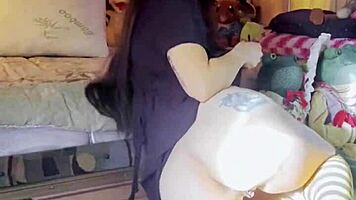 Petite exotic brunette with long hair does afternoon STRIP TEASE ripping clothes in stockings teasing small tits ass