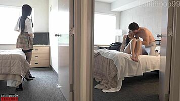 roommate's boyfriend fucks me hard while she's showering in college dorm