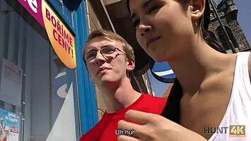 hunt4k. young brunette chick rides cock pov next to her watching cuckold