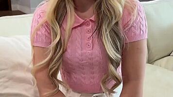Britt Blair's soaked blouse clings tight after drenching, craving forbidden bedroom heat