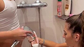 oh fuck, our lesbian shower turns into sloppy double blowjob cumswap!