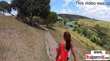 cute petite thai teen sucks massive white cock outdoors