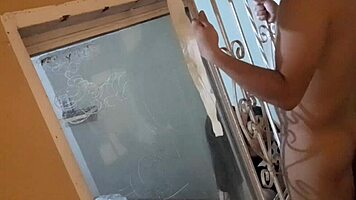 dad steps out but she sneaks lover in for wild window fuck