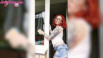 hey watch this sexy redhead babe in wet t-shirt cleaning