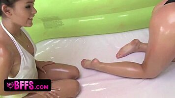 Oiled teen bffs lick wet pussies after steamy lesbian wrestling match!
