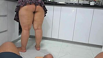 stepson sneaks into kitchen to pound stepmom's latina pussy hard