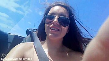 Flashing my perky tits and wet pussy from topless sports car in public thrill