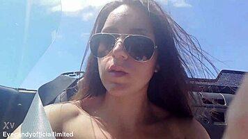 Flashing my perky tits and wet pussy from topless sports car in public thrill