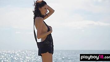 Petite sade mare strips tight shaved pussy beach