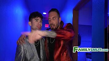 petite brunette stripper rips clothes for stepbro's first threesome at nightclub