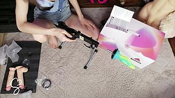 sarah sue unboxes auxfun fuck machine from hismith and tests it eagerly