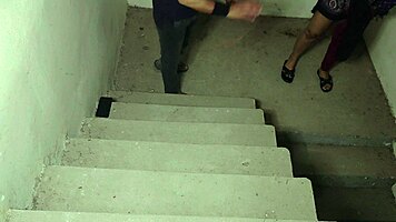 guy pounds big tits babe tight pussy on stairs close-up