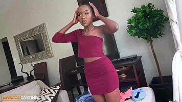 Innocent skinny ebony model deepthroats big black cock in fake casting face fuck