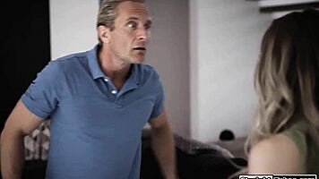 Older boyfriend hammers small tits teen's shaved pussy hard