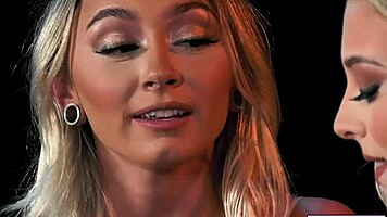 Blonde devours shaved pussy then straps on for stepsis pounding