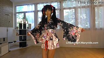 tiny japanese teen strips pigtails off for tight pussy doggystyle pounding