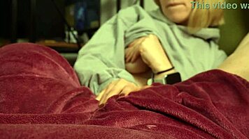 tv time with neighbor turns into ruined handjob orgasm mess