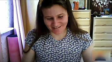 brunette girl next door in skirt and socks masturbates on video chat