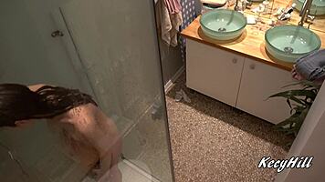hey busty kecy, show us those tits in the steamy shower