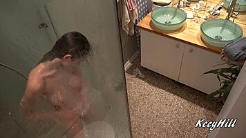 hey busty kecy, show us those tits in the steamy shower