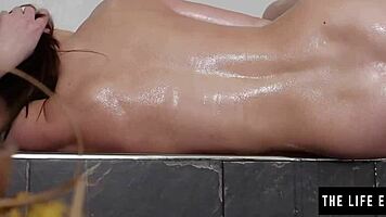 skinny babe fingers oiled pussy to explosive orgasm!