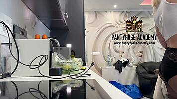 blonde wife teases tight pussy in sheer black pantyhose before stripping kitchen