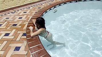 Skinny 18 year old horny amateur fucks deep in outdoor pool water