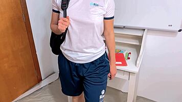 Blonde uniform beauty surrenders to black creampie thrill in school